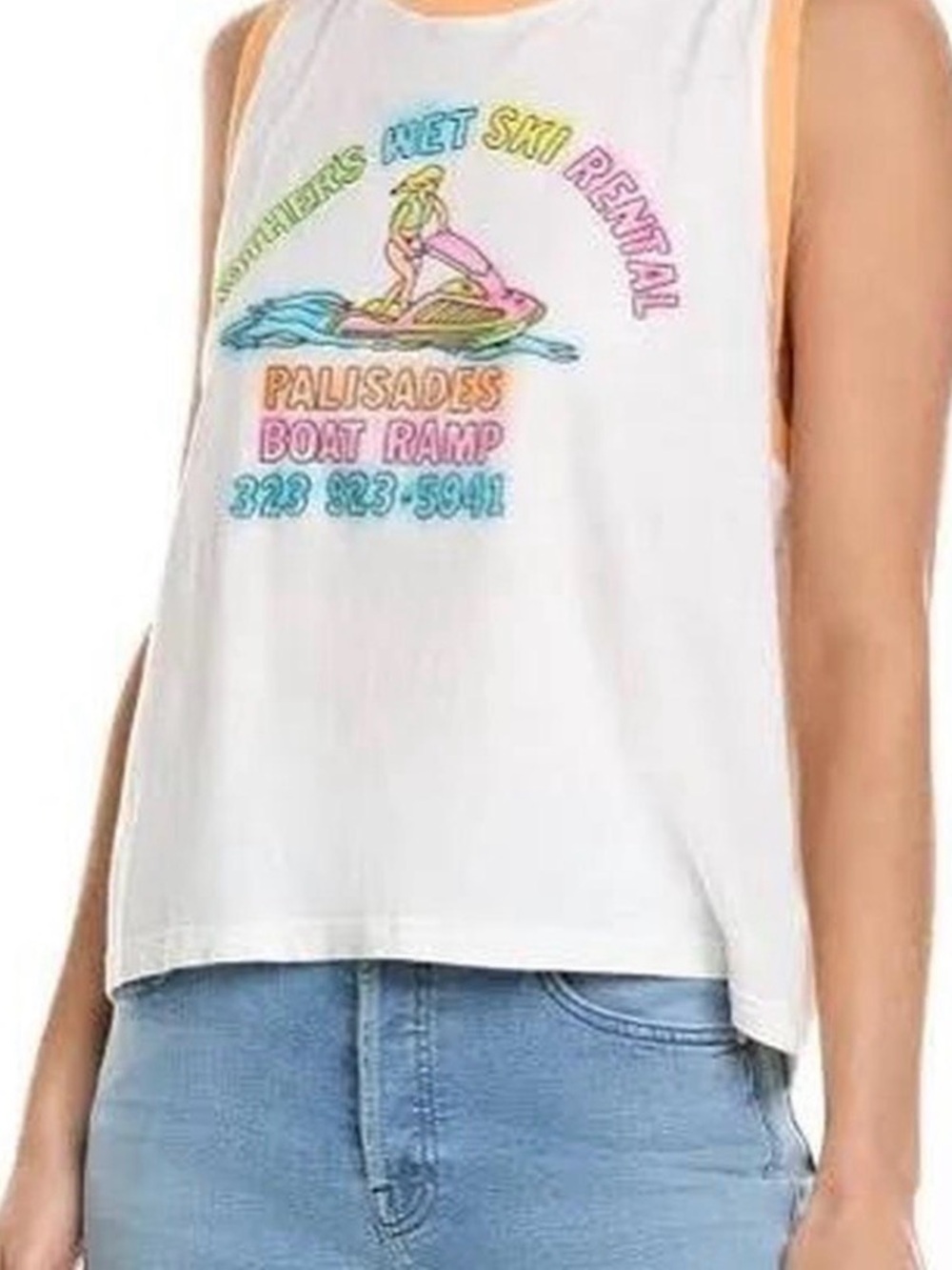 NWT MOTHER White Graphic Tank Top with Pastel Beach Print